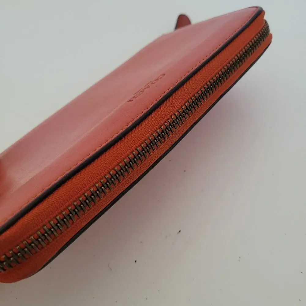 Coach Leather Wallet Solid Red‎ Zip Around Large Clutch Geniue Smooth Leather